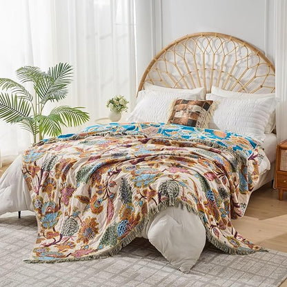 100% Muslin Throw Blanket for Couch, Butterfly and Floral Double Embroidery Fall Throw Blanket 60"x80" for Sofa, Chair, Woven Cotton Reversible Mexican Blanket