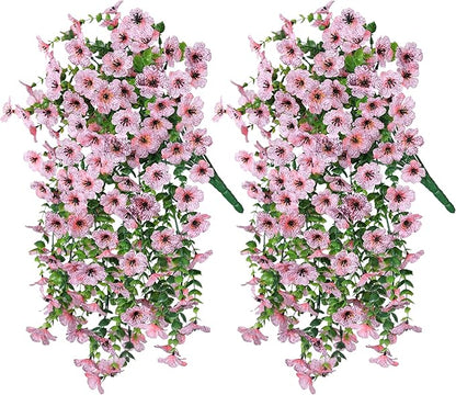 Artificial Faux Outdoor Outside Flowers Plants, 2 PCS Fake Silk UV Resistant Look Real Pink Daisy Trailing Vines for Front Door Porch Planter Urn Patio Balcony Decoration