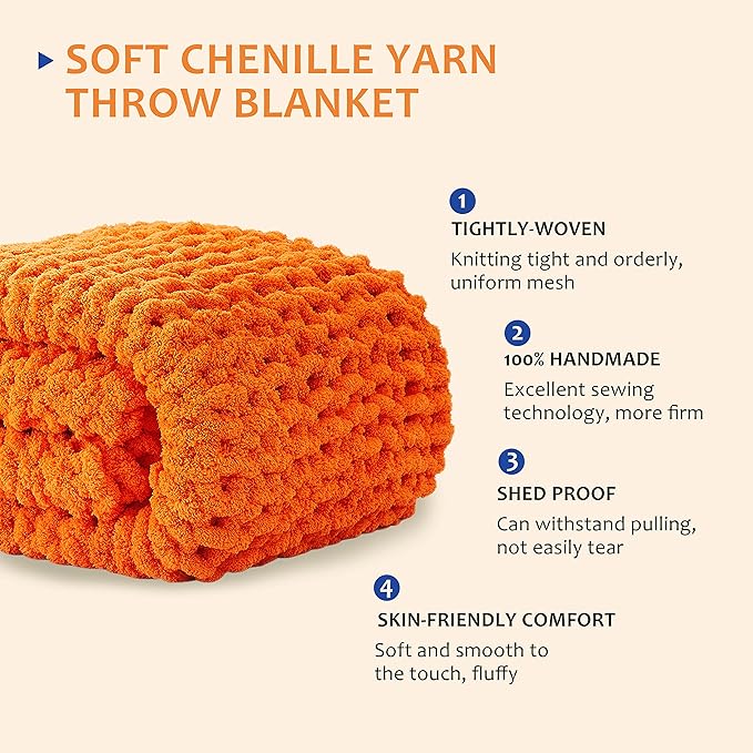 L'AGRATY Chunky Knit Blanket Throw: 50''x60'' Chenille Chunky Knitted Throw Blanket for Bed Couch - Handmade Thick Big Cable Knit Blanket - Large Chunky Crochet Rope Blanket for Home Decor(Orange)