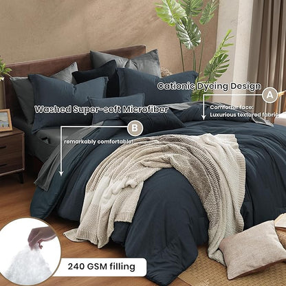 Monbix Queen Comforter Set - 7 Pieces Cationic Dyeing Navy Blue Bed in a Bag Queen Bedding Sets with Comforter, Sheets, Pillowcases & Shams, Reversible Bedding Comforters Sets