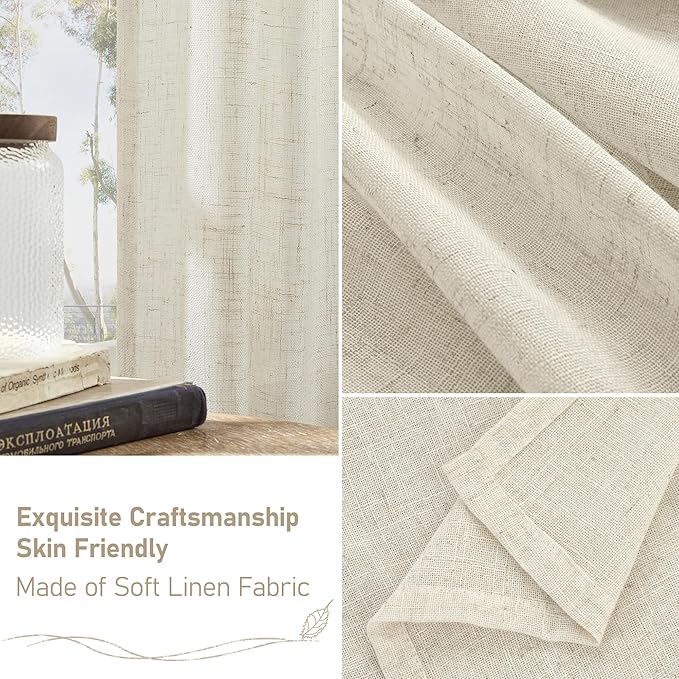 LAMIT Natural Ivory Linen Semi Sheer Curtains 84 inch Length, Cream Light Filtering Soft Thick Neutral Living Room Drapes with Bronze Grommet for Bedroom/Farmhouse, 2 Panels, 52 x 84 Inch