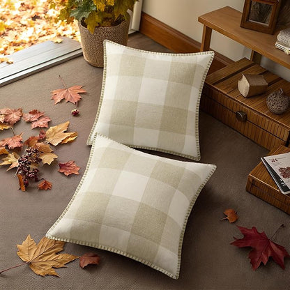decorUhome Buffalo Plaid Check Fall Throw Pillow Covers 16x16 Set of 2, Outdoor Decorative Farmhouse Pillow Covers with Stitched Edge for Bed Couch Sofa, Cream White and Beige