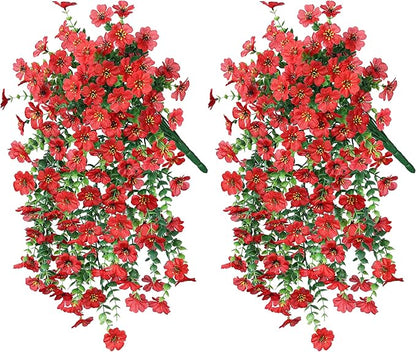 INSPRING Artificial Faux Outdoor Outside Flowers Plants, 2 PCS Fake Silk UV Resistant Look Real Red Daisy Trailing Vines for Front Door Porch Planter Urn Patio Balcony Decoration