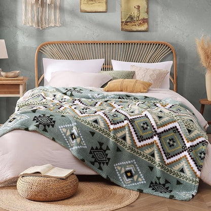 CASAAGUSTO Boho Sherpa Throw Blanket, Aztec Queen Blanket, Ultra Soft, Warm, Cozy, Plush, Thick Fleece Bohemian Throw Blanket for Couch, Bed, Sofa (Olive Green 90 * 90 Inch)