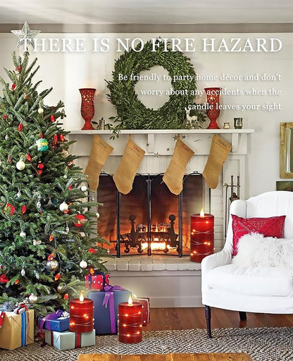 Red flameless Candles with Remote Control Timer Battery Operated LED Pillar Candles 4‘’ 5‘’ 6‘’ Fake Candles with String Lights Set of 3 for Christmas or Special Festivals Decorations