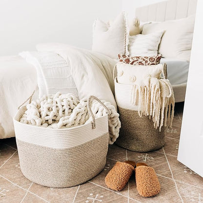 OrganiHaus Woven Laundry Basket, Large Cotton Rope Blanket Holder with Handles, Soft & Sturdy Nursery Hamper, Decorative Toy Bin for Living Room Organization 20x13 inches - Brown/Off-White