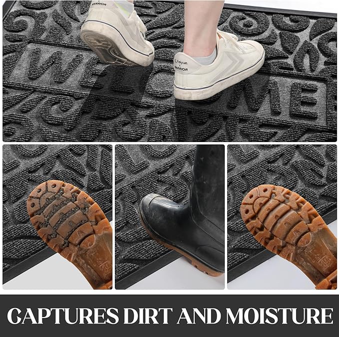 Yimobra Welcome Door Mat Outdoor Indoor, Non Slip Front Doormats, Heavy Duty Rubber Backing, Low-Profile Entrance Mat, Absorbent Resist Dirt, Easy Clean Patio Garage Floor Mats, 29.5 x 17, Grey