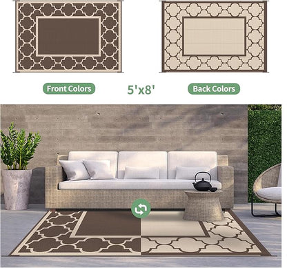 GENIMO 5' x 8' Outdoor Rug Waterproof for Patio Decor, Foldable Reversible Plastic Straw Area Rugs Mat for Camper, Outside Carpet for Rv, Deck, Porch, Picnic, Beach, Balcony, Coffee & Beige