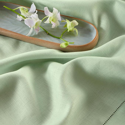 Solino Home Linen Table Runner 90 Inches Long - 100% Pure Linen Light Green Table Runner 14 x 90 Inch - Classic Hemstitch