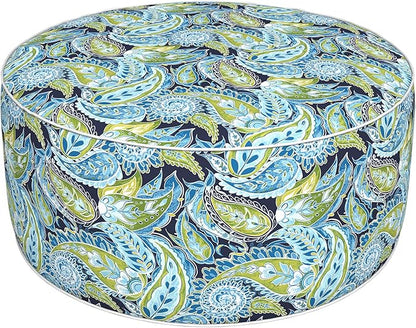 Inflatable Ottoman Stool D31 xH14 for Outdoor/Indoor Use, Water Repellent Patio Foot Rest with Portable Handle,Round Pouf Ottoman Suitable for Garden,Deck and Camping - Paisley Lapis Green