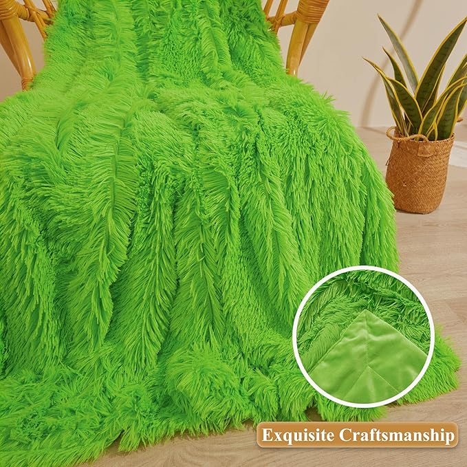XeGe Luxury Faux Fur Throw, Green Soft 50x60 Fluffy Blanket, Shaggy Plush Decorative Couch Throw, Cute Furry Fuzzy Bed Office Lap Blanket for Bedroom Living Room, Lime Green