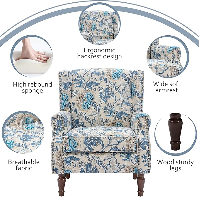 Lumibee High Back Accent Chair, Armchair in Fabric,Comfy Upholstered Wingback Single Sofa Reading Chair with Solid Wood Legs for Living Room,Bedroom,Office-Boho Blue