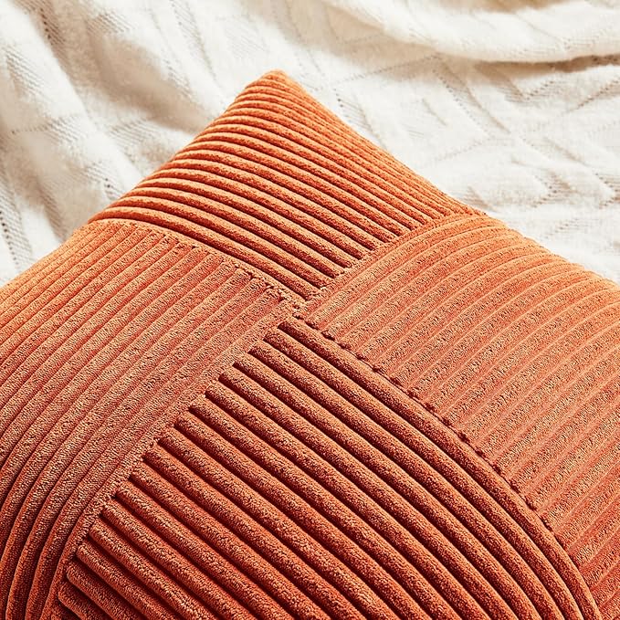 Fancy Homi Set of 2 Burnt Orange Long Lumbar Decorative Throw Pillow Covers 14x24 Inch for Living Room Couch Bed, Boho Farmhouse Fall Home Decor, Soft Corduroy Corss Textured Cushion Case 35x60 cm