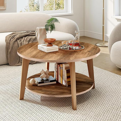 Sweetcrispy Round Coffee Table, 36'' Wood Coffee Tables for Living Room with Storage, 2-Tier Center Circle Counter with Wooded Desktop, 50 lbs Capacity, Anti-Slip Feet, Modern Farmhouse Design, Brown
