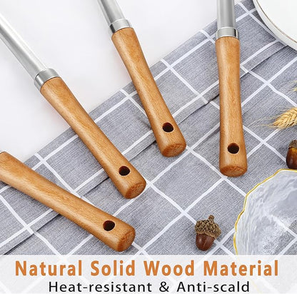 Pleafind 4-Pcs Cooking Utensils Set, Stainless Steel Kitchen Utensils with Wooden Hanlde, Kitchen Essentials Set Include Wok Ladle, Slotted Spoon, Wok Spatula and Slotted Spatula, Dishwasher Safe