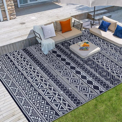 GAOMON Outdoor Rugs Patio Camping Waterproof Rug 6'x9' Plastic Straw Patio Rug Portable for Campers, Outside RVs Mat for Patios Clearance, Backyard Porch, Balcony, Dark Blue/White(Bohemia)