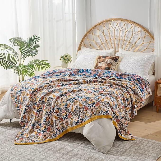 Fall Boho Throw Blanket for Bed, Muslin Reversible Blanket Washable Breathable,100% Cotton Lightweight 4-Layer King Size Throw Blanket for Bed,90"x98"
