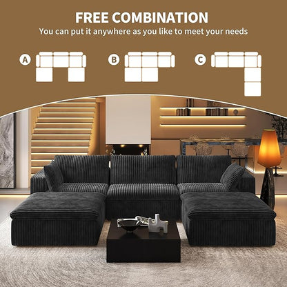 118" U Shaped Modern Sofa Modular Sectional Cloud Couch with 2 Ottoman,Upholstered Couches with Plush Corduroy Fabric for Living Room Furniture,Bedroom and Apartment,No Assembly Required,Black