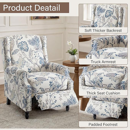 UIXE Pushback Recliner Chair, Push Back Accent Chair Fabric Upholstered Armchair for Living Room, Rivet Trim Home Theater Single Sofa Bedroom Reading Seat - Blue Plants