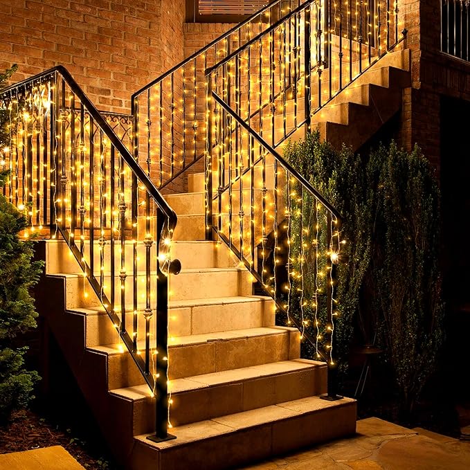 Eueasy Curtain-Lights Outdoor, 300 LED-Fairy Lights, Connectable15×3.3 FT with 8 Lighting Modes, for Balconies, Fences, Stairs Guardrails