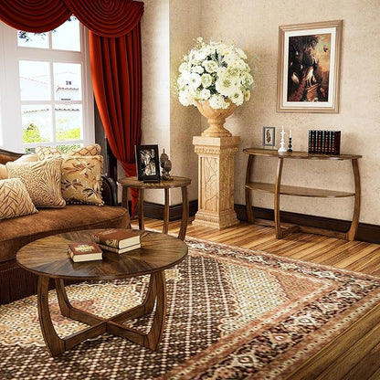 PADMA HOUSE Round Wood End Table with Curved Legs, Drum Circle Side Table with Snowflake Tabletop, Rounded Wooden Sofa Side Table, Brown Walnut Wood Tabletop & Legs 23.6" x 21.7"