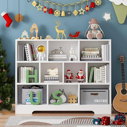 Book Shelf, 10 Cubes Storage Organizer, 3-Tier Open Shelf Wooden Bookcase, Freestanding White Bookshelf Cube Shelf for Bedroom, Living Room