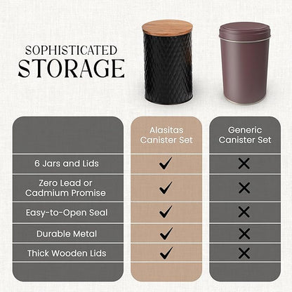 6 Canister Set for the Kitchen Countertop – Metal Food Storage Canisters with Airtight Lids for Flour, Tea, Crafts, Coffee, & Sugar – Container Set with Modern Wood Lids, Black