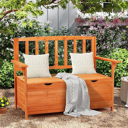 AVAWING Outdoor Storage Bench, Wooden Garden Bench Weatherproof, Patio Benches for Outside, 2-Seat Front Porch Bench, Park Bench for Deck, Lawn, Backyard(Natural)