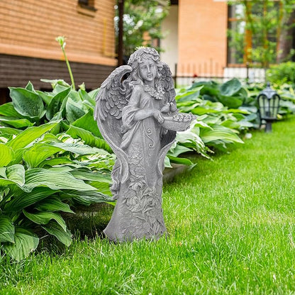 Outdoor Statues Angel Décor Garden Statue- 23.5" H Angel Statue,Resin Angel with Bird Figurine, Ideal for Yard, Patio, Deck, Home Entryway, and Hallway（Grey）