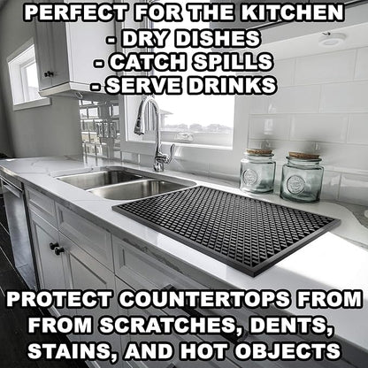 Silicone Drip Mat - 1/2 Inch Thick, Heat-Resistant and Food Safe - Counter Top, Coffee Bar or Restaurant - Drying Mat for Glasses - 18x12 Inches