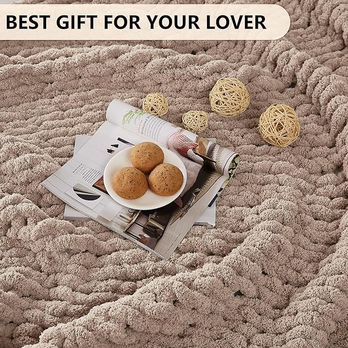 L'AGRATY Chunky Knit Blanket Throw: 72''x84'' Chenille Chunky Knitted Throw Blankets for Bed Couch - Handmade Thick Big Cable Knit Blanket - Large Crochet Rope Blankets for Home Decor(Light Taupe)