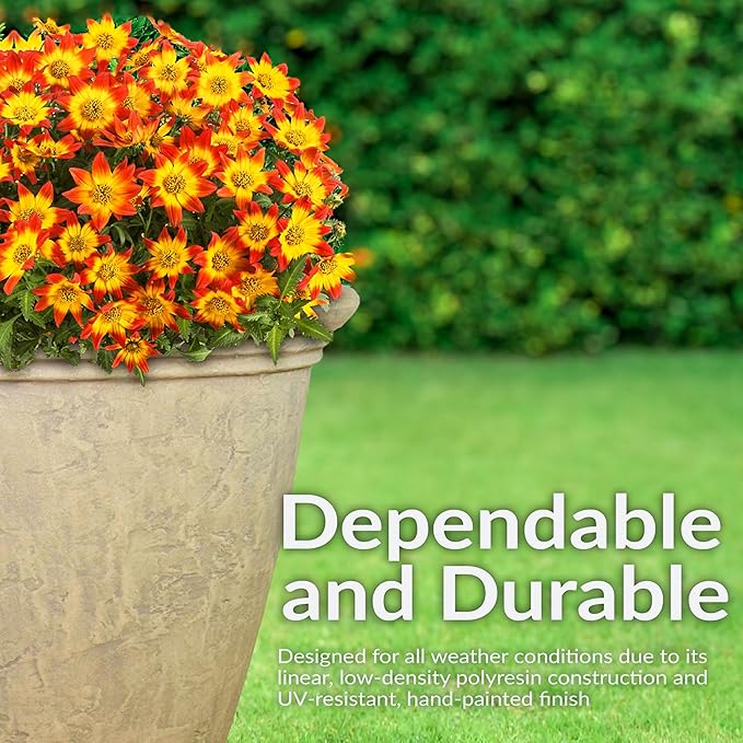 Sunnydaze 24-Inch Anjelica Large Plastic Pot for Plants - Outdoor Polyresin Round Planter with Drillable Drainage Holes - Beige - 4pk