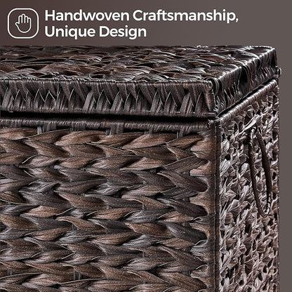 Handwoven Storage Basket with Lid, 165L Plastic Rattan Storage Bin, Leather Buckle & Metal Frame, Large Metal Ring Handles, Storage Trunk for Bedroom, Laundry Room