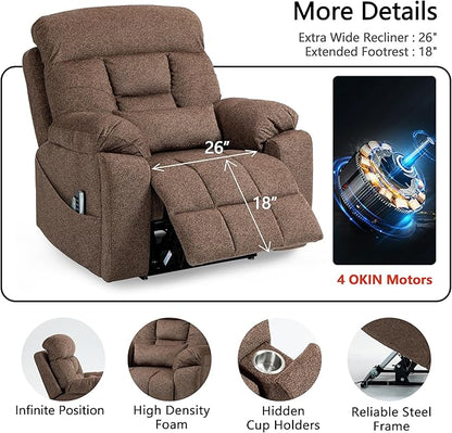 4 OKIN Motor Power Lay Flat Lift Recliner Chair for Elderly Adults Big and Tall Recliners with Heat Massage, Adjustable Head-Back-Lumbar-Leg-Support, Extended Footrest, 2 Cup Holders