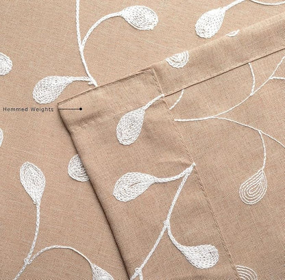MIUCO Floral Embroidered Semi Sheer Curtains Faux Linen Grommet Curtains for Living Room 52 x 84 Inch 2 Panels Set, Taupe