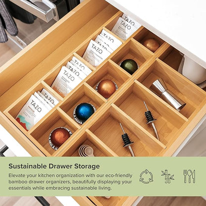 Premium Utensils and Tea Bag Drawer Organizers – 14-Compartment Design with Removable Dividers, Non-Slip Feet, 100% Sustainable Bamboo, 2 Pack