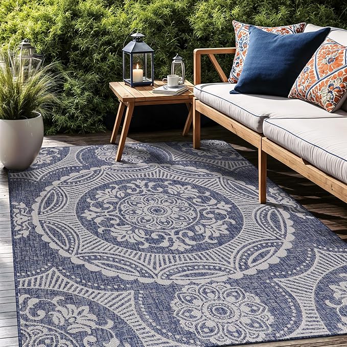 Medallion Outdoor Rug 5x7 Washable Outside Carpet for Indoor Patio Porch Waterproof Easy Cleaning Non Shedding Area Rugs Blue 5 x 7