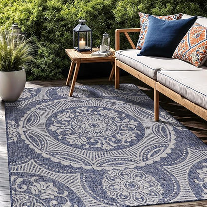 Medallion Outdoor Rug 5x7 Washable Outside Carpet for Indoor Patio Porch Waterproof Easy Cleaning Non Shedding Area Rugs Blue 5 x 7