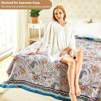 Boho Throw Blanket 91" x 98", 100% Organic Cotton Breathable Ultra Soft Bed Purple Quilt Throw - All Season Luxury Floral Farmhouse Decor Blanket for Sofa Couch Chair and Gift.