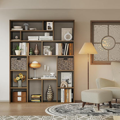 71” Tall Wooden Bookcase 6-Tier Large Bookshelves with 2 Woven Baskets, 55" Wide Floor Standing Wood Display Organizer Shelves for Living Room（Brown）