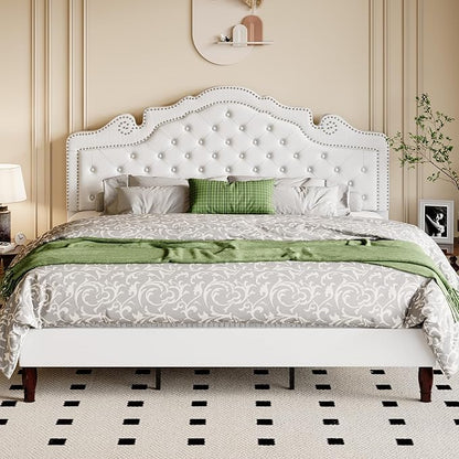 Allewie King Bed Frame with Adjustable Velvet Tiara Headboard, Upholstered Diamond Button Tufted Platform Bed, Wood Slats Support, No Box Spring Needed, Mattress Foundation, Easy Assembly, White