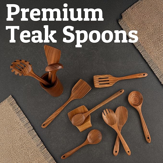 PriorityChef Premium Wooden Spoons for Cooking - 6pc with Utensil Holder, Spoon Rest and Hanging Hooks, Smooth Finish Teak Wooden Utensil Set, Heat-Resistant & Nonstick Safe, Ideal for Gifting