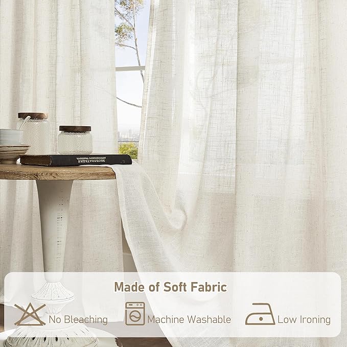 LAMIT Sheer Linen Curtains 63 inches Length, Light Filtering Panels Bronze Grommet Linen Textured Neutral Drapes for Kitchen/Bedroom, Natural, 2 Panels, 34 x 63 Inch