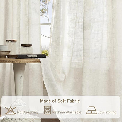 LAMIT Sheer Linen Curtains 63 inches Length, Light Filtering Panels Bronze Grommet Linen Textured Neutral Drapes for Kitchen/Bedroom, Natural, 2 Panels, 34 x 63 Inch