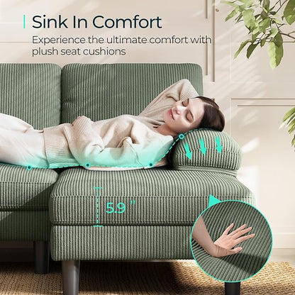 LINSY HOME Sectional Couch, 111'' W Corduroy U Shaped Sofa with Sleepable Armrests, 4 Seat Couch with Double Chaises, Deep Seat Sofa for Living Room, Army Green