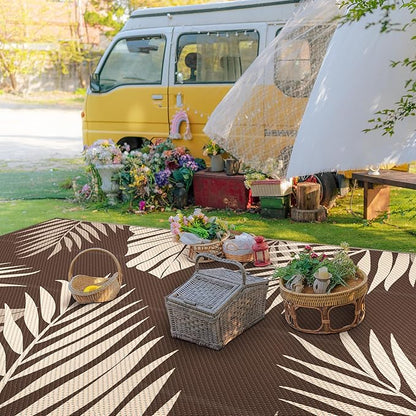 GENIMO Outdoor Rug 10' x 14' Waterproof for Patios Clearance, Reversible Outdoor Plastic Straw Camping Rug Carpet, Large Area Rugs Mats for RV, Camper, Deck, Balcony, Porch, Beach, Coffee&Beige