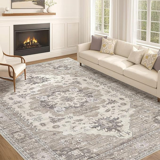 Washable Area Rugs for Living Room - 10x14 Neutral Vintage Distressed Floral Farmhouse Boho Large Soft Floor Rug Indoor Non Slip Carpet for Living Room Bedroom Dining Room Office-Brown/Beige