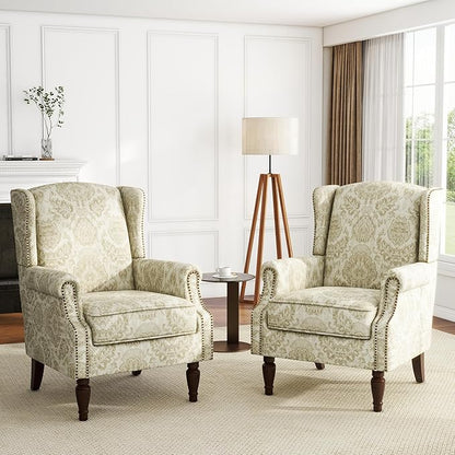 UIXE High Back Floral Accent Chairs Set of 2, Upholstered Armchair in Fabric, Retro Printed Wingback Arm Chair for Living Room, Nailhead Trim Single Sofa Bedroom Reading Seat - White
