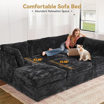 Modular Sectional Sofa with Chaise U Shaped Sectional Couch for Living Room, 8-Seater Comfy Cloud Couches with One Movable Ottoman, Plush Corduroy, Black