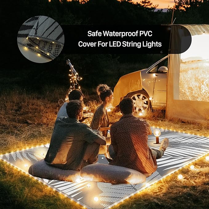 GENIMO Outdoor Rug 8' x 10' Waterproof for Patios Clearance, Reversible Outdoor Plastic Straw Camping Rug Carpet with LED String Light, Area Rugs Mats for RV, Camper, Deck, Balcony, Porch, Grey&White